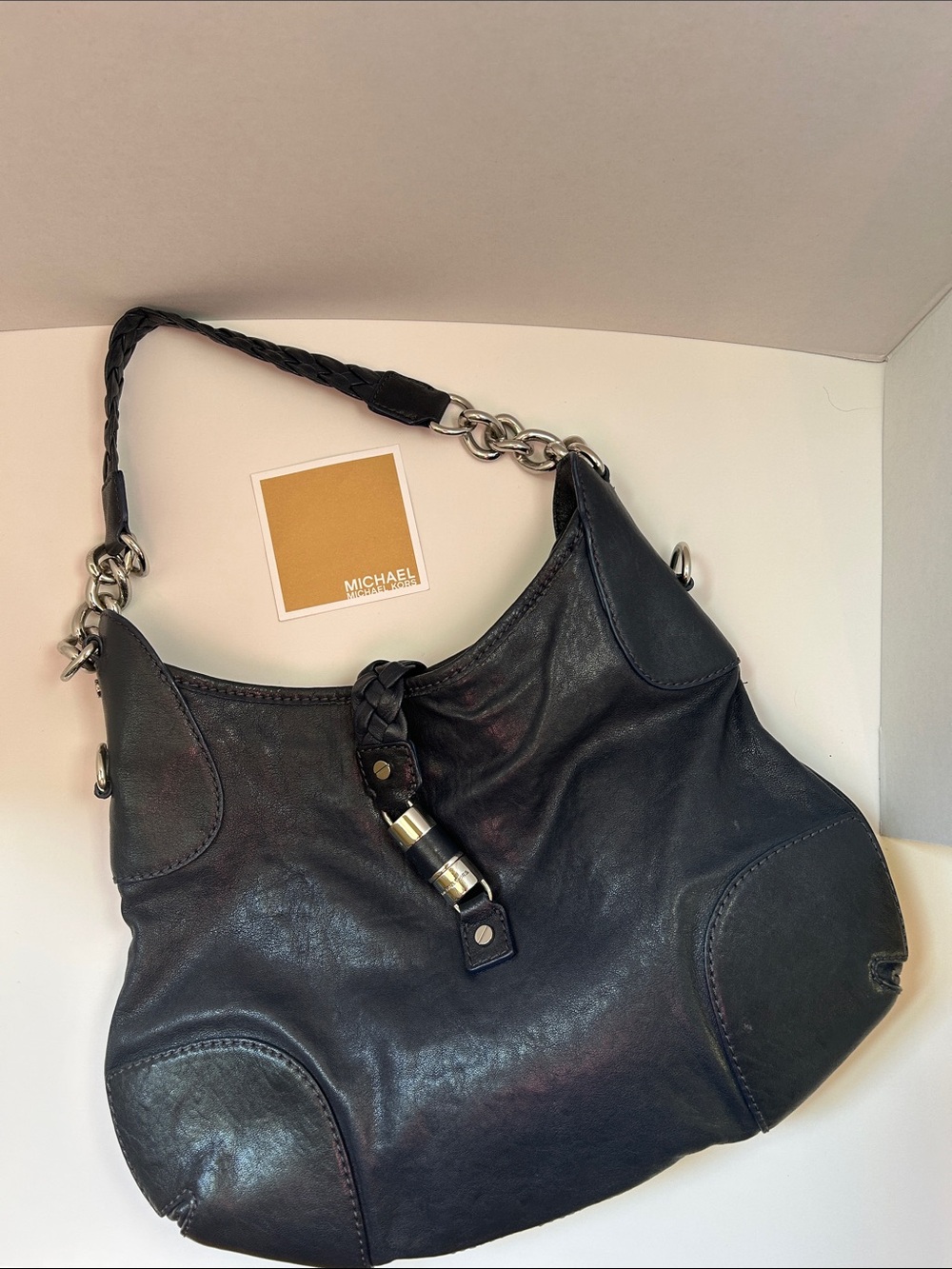 Michael Kors Navy Leather Hobo with Braided Strap & Chain Accents